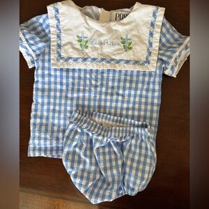 Posh Easter “He is Risen” embroidered top Blue & white Gingham with bloomers